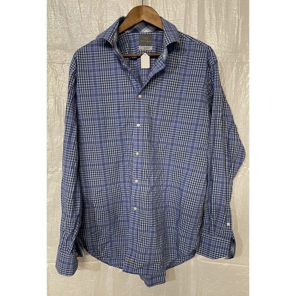 Thomas Dean Men's Long Sleeve‎ Button Up  Blue Plaid Shirt W Reversible Cuffs XL